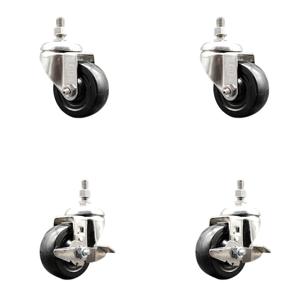 Service Caster 3 Inch 316SS Soft Rubber Wheel Swivel 3/8 Inch Threaded Stem Caster Brakes, 2PK SCC-SS316TS20S314-SRS-381615-2-TLB-2 - main